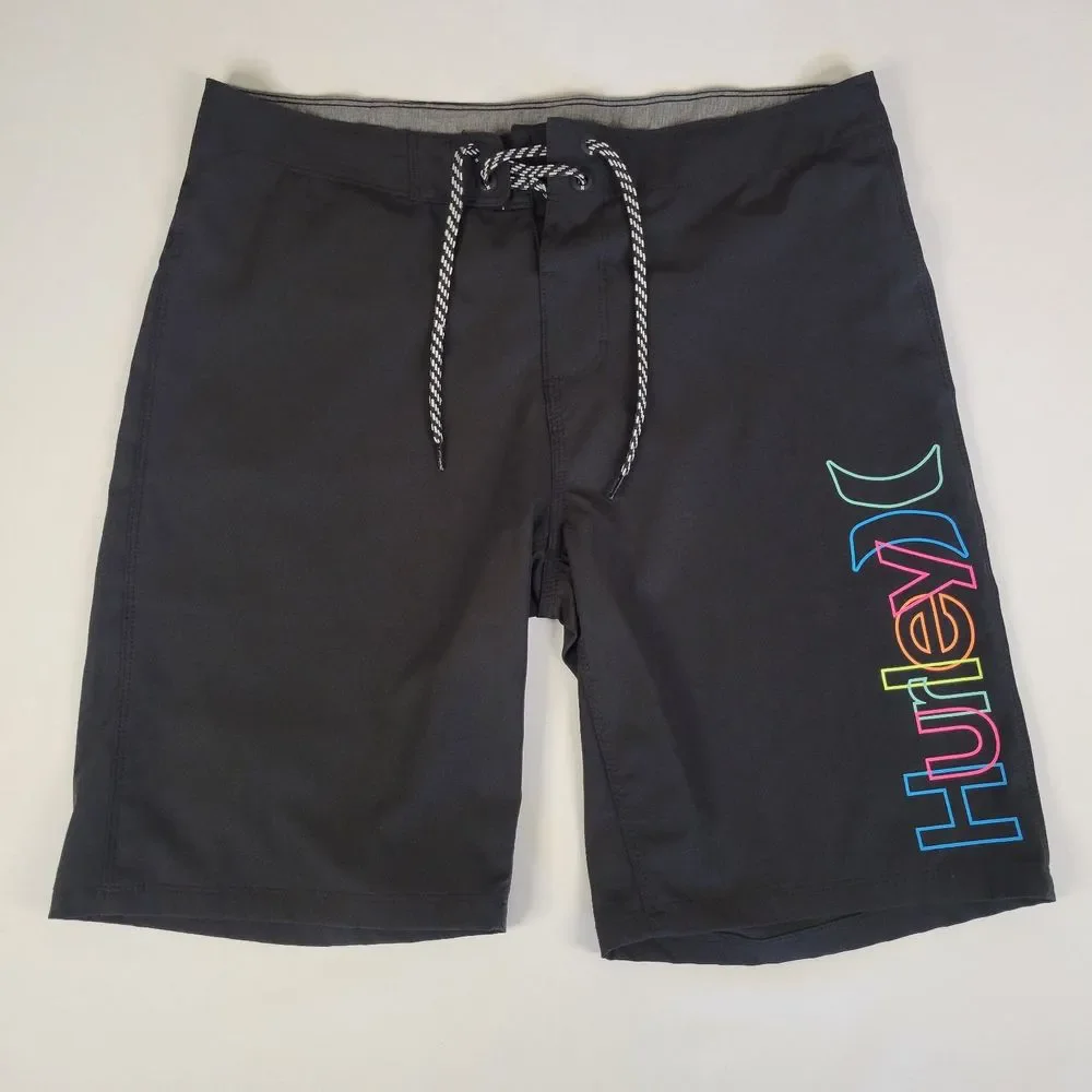 Men's Sz 30 Black HURLEY Board Shorts Swim Trunks Beach Surfer Neon Rainbow Logo